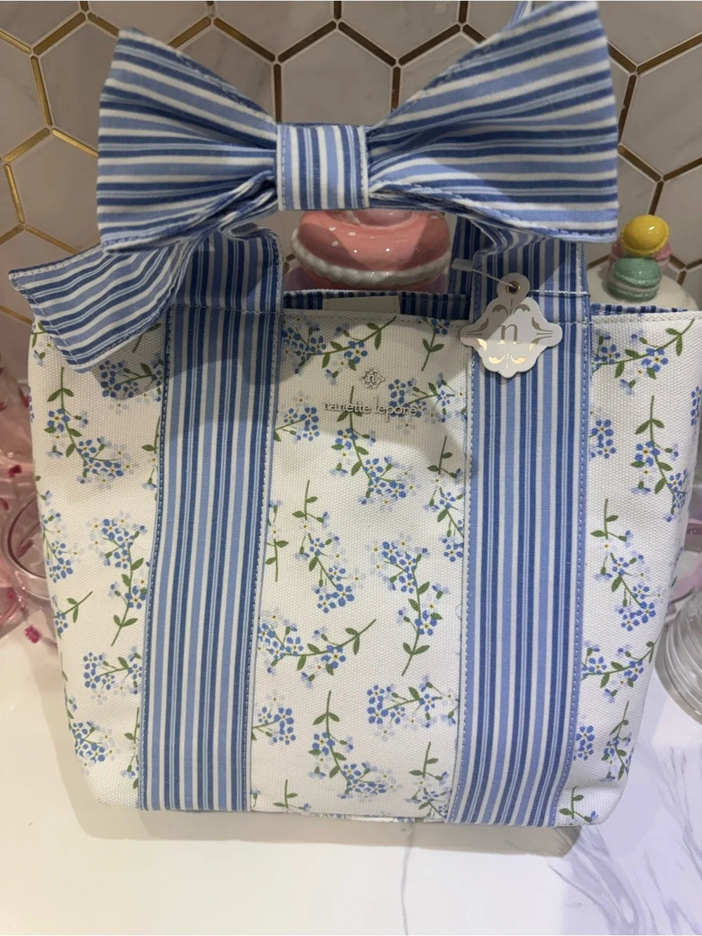 Nanette Lepore Blue and White Floral Stripe Bow Tote